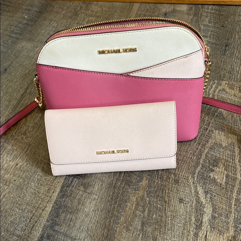 Michael Kors Pink and Cream Crossbody Bag with Gold Accents and wallet set